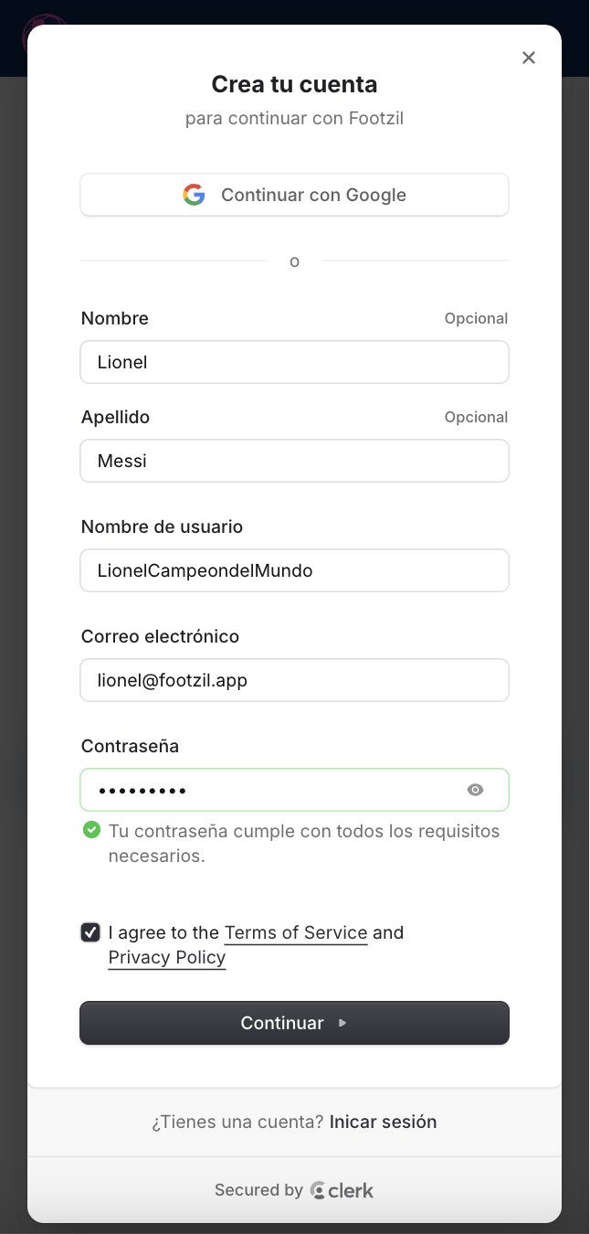Formulario de creación de cuenta.