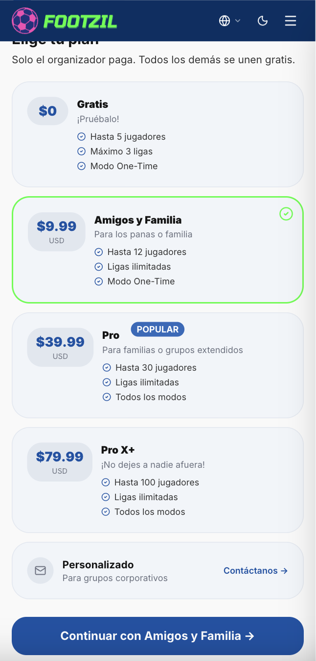 Selector de modo de juego al crear una liga.
