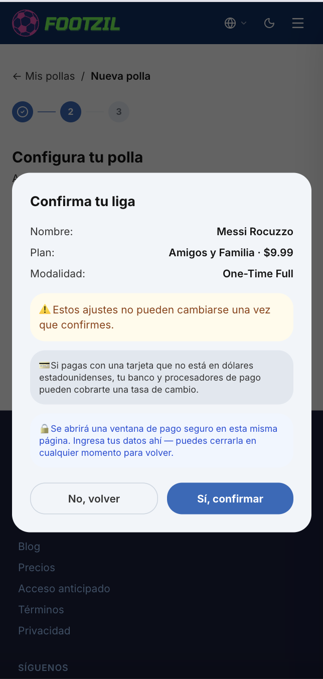 Confirmación de detalles de la polla.