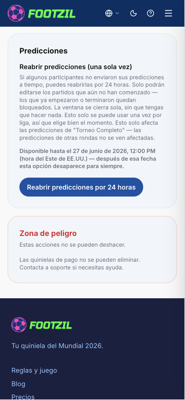 Sección de Predicciones en Configuración de la liga.