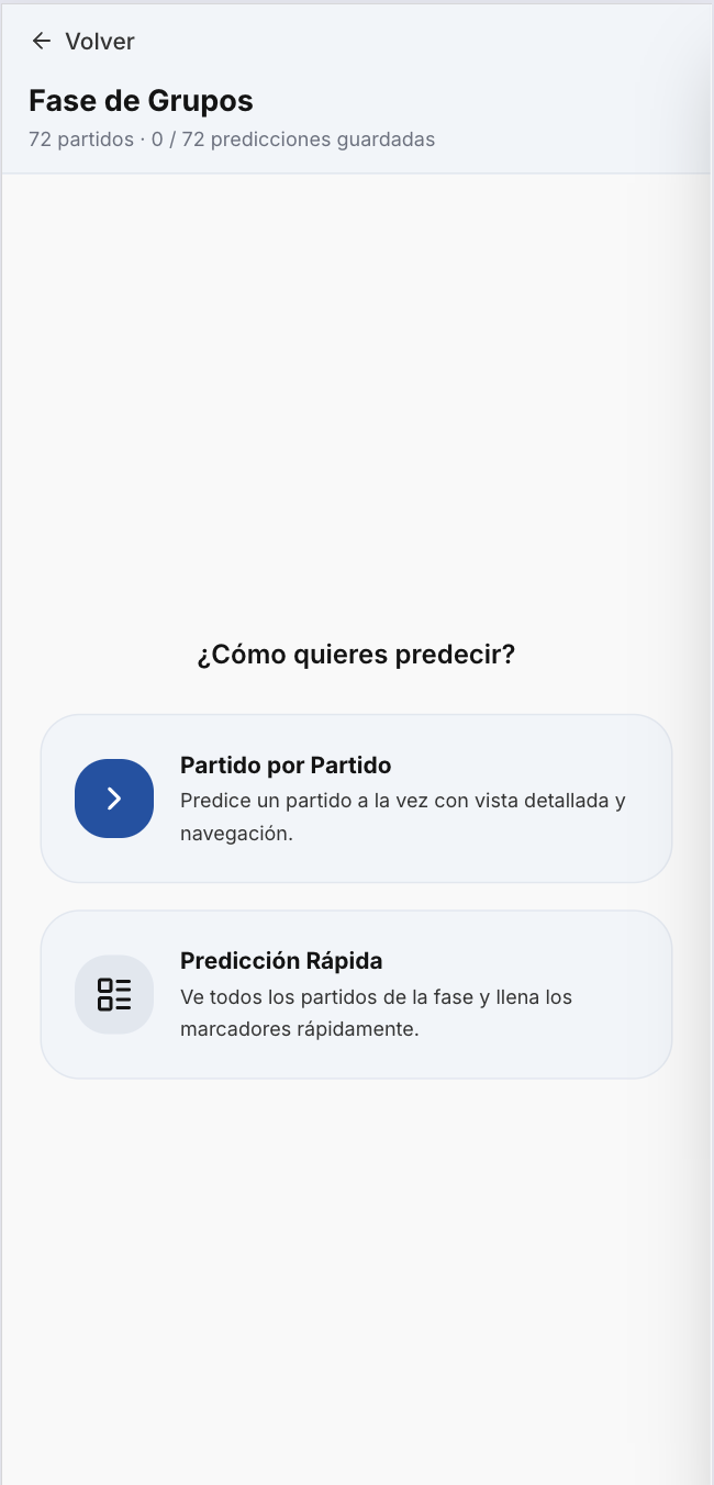 Selector de tipo de predicción (partido por partido o por lotes).