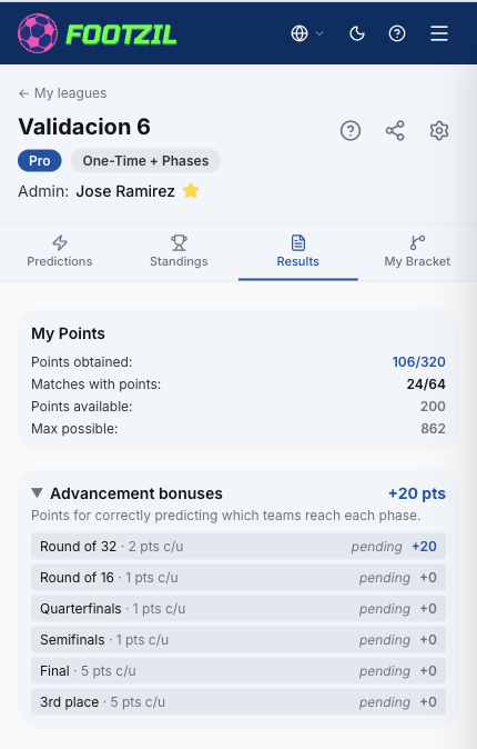 The Advancement bonuses panel on Results, expanded.