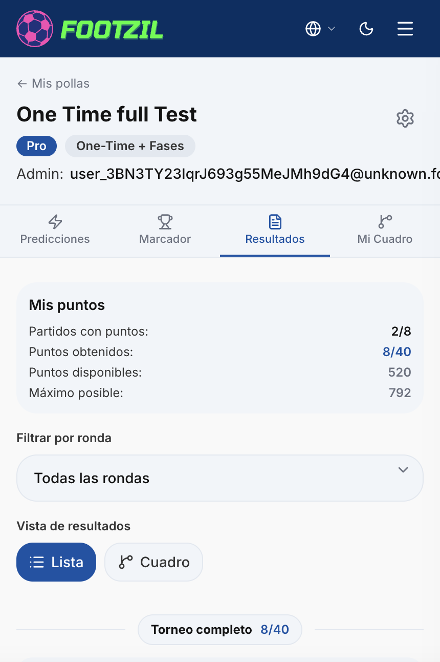 Cómo se ven los puntos de un partido en Resultados.